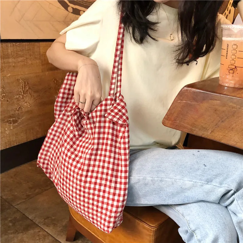 Canvas Bag Woman Casual Plaid Women Shopping Bag Large Capacity Cute Tote Handbags Cloth Doublesided Girls Frenum Shoulder Bags 251021