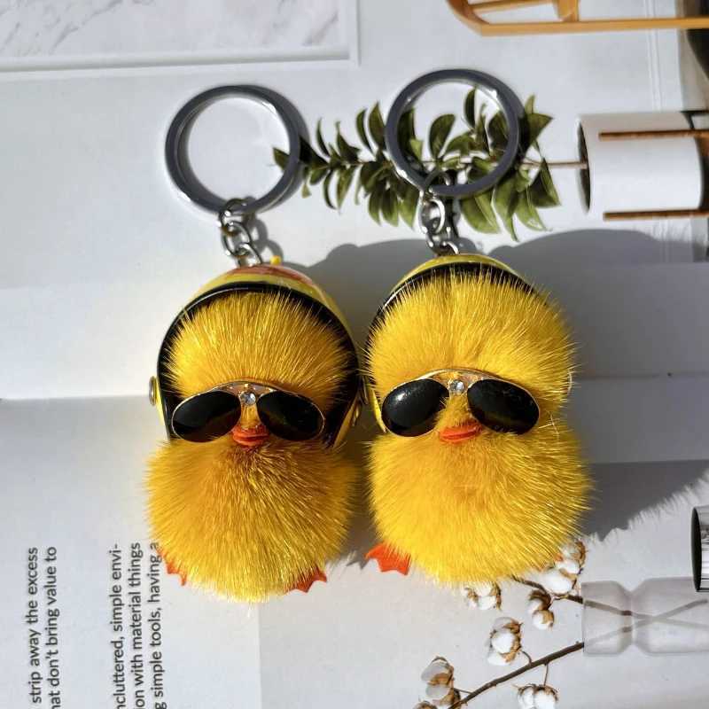 Cute Woman Keychain A Cool Duck with Helmet and Eyes Mink Hair Little Duck Plush Bag Pendant Car Keychain W251021