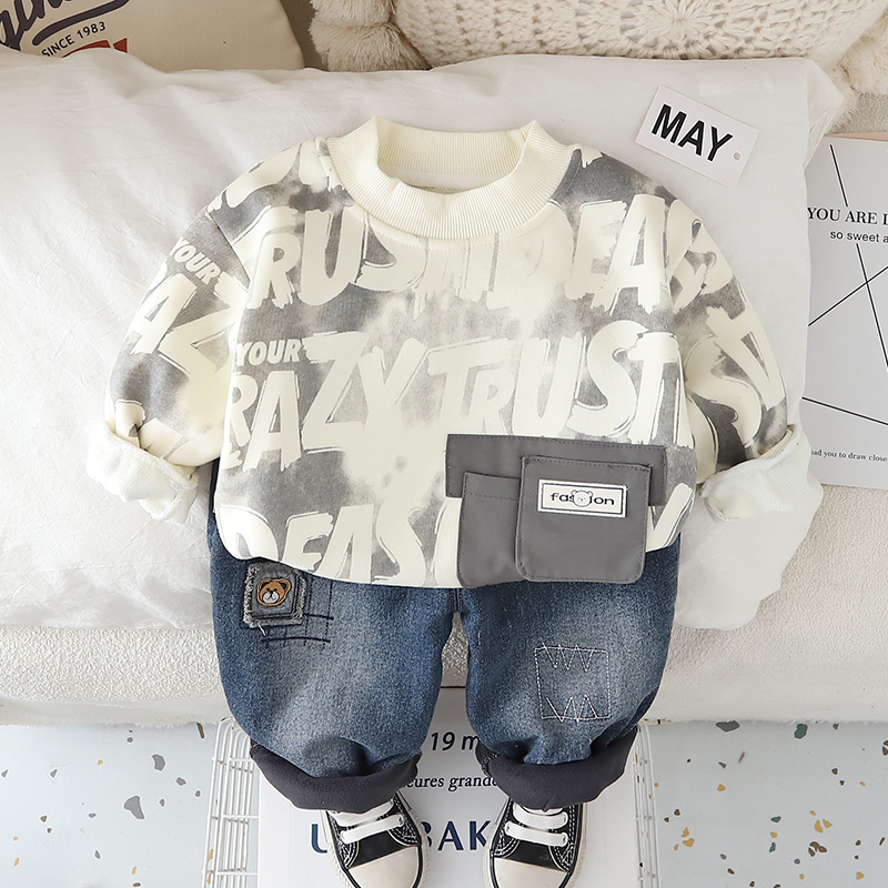 luxury kids clothing 2025 Boys Fleece-Lined Sweatshirt Set, Crewneck Jogger Outfit with Patch Pocket, Warm 2-Piece Autumn Winter Clothes