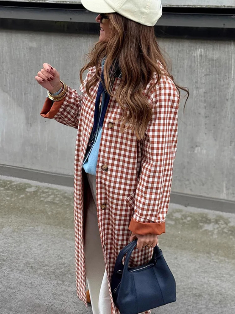 Women Checkered Long Trench Coats Full Sleeve Single Breasted Pockets Lapel Loose Maxi Coat 2025 Lady Autumn Daily Outerwear 251021