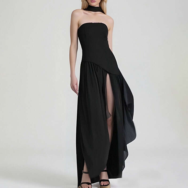 2025 Women's Strapless Solid Color Fashion Sexy Autumn Backless High Split Long Dress New Style