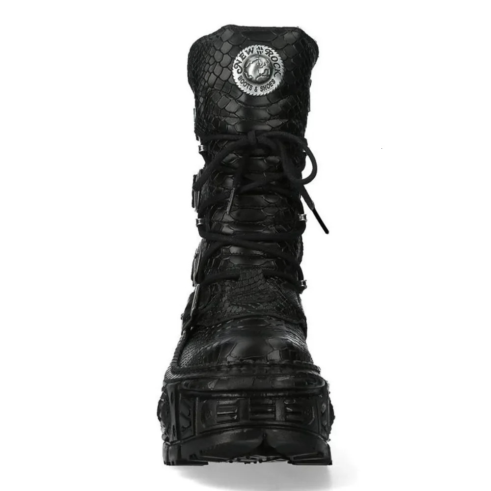 Mens Fashion Snake Pattern Genuine Leather Motorcycle Boots Goth Punk Midcalf Western Boots Metallic Platform Rock Boots251020