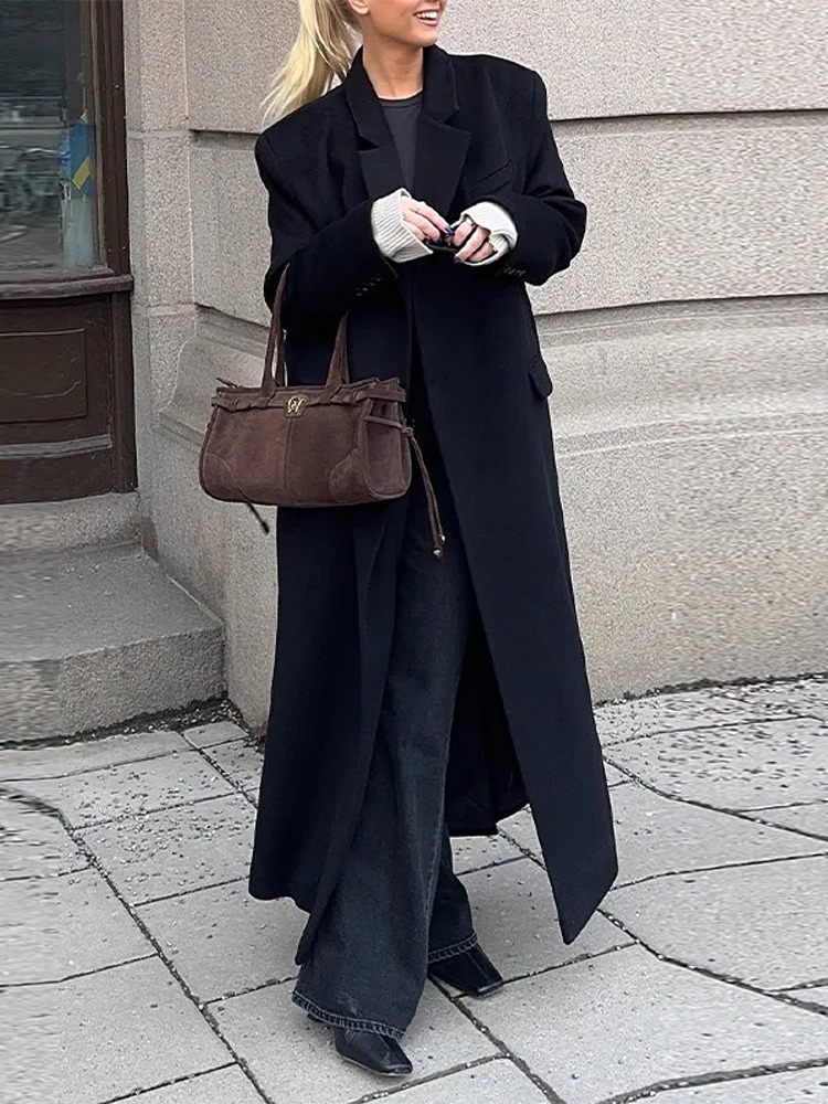 Elegant Womens Woolen Overcoat Lapel Long Sleeve Single Breasted Pocket Warm Long Coat Autumn Winter Fashion Lady Outwear 251017