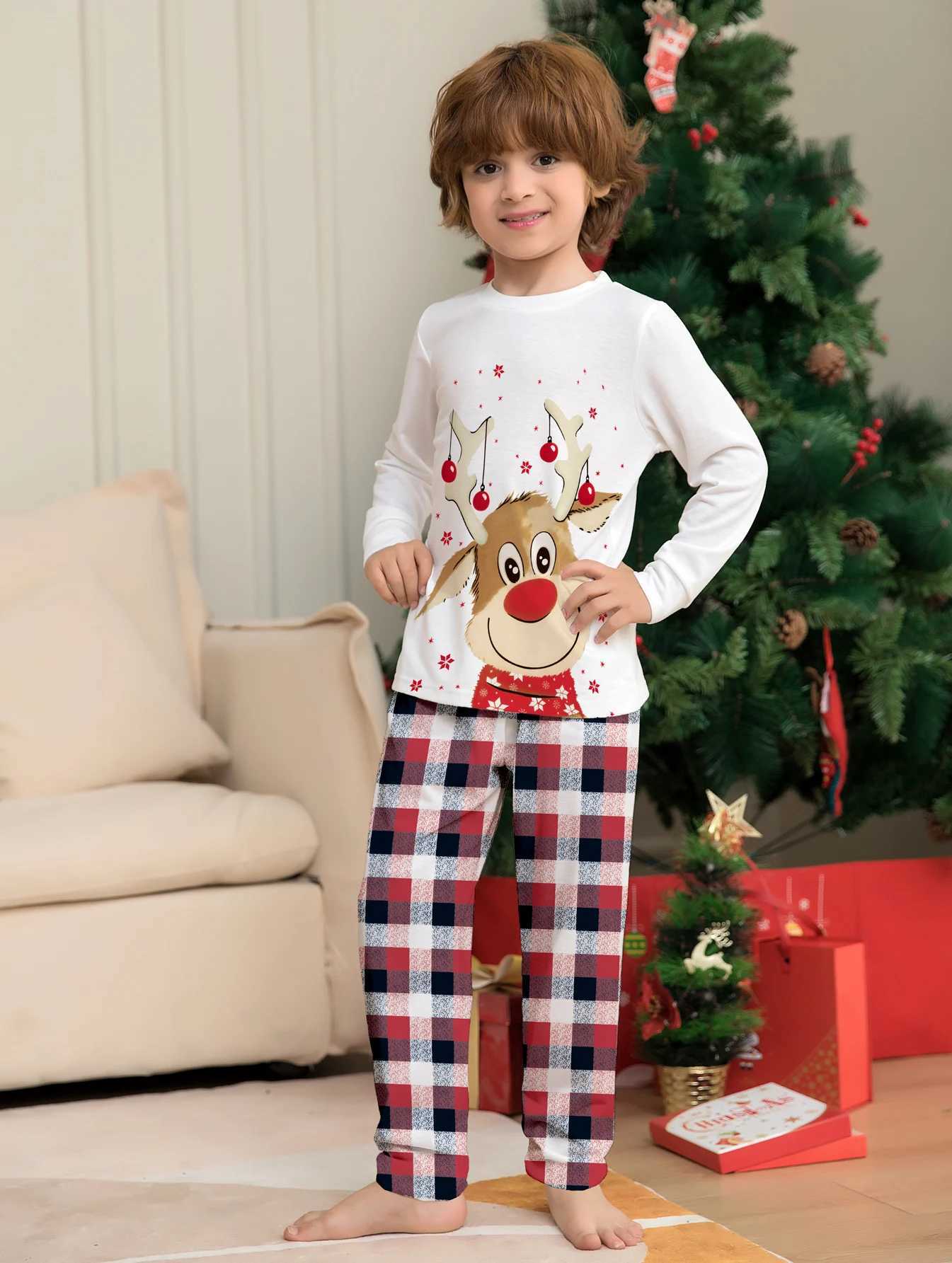 Festive Family Matching Pajamas White Reindeer Christmas Themed Top Red Plaid Pants Set L251021EVQM