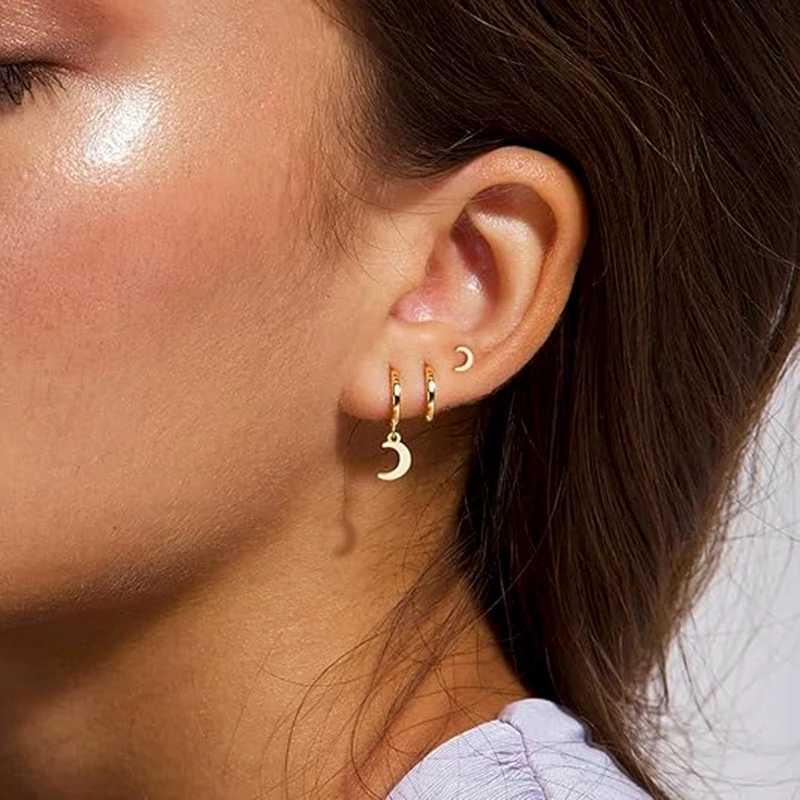 3 Pairs Gold Plated Stainless Steel Stud Earrings Set Heart Moon Star Small Hoop Earrings For Women J251021