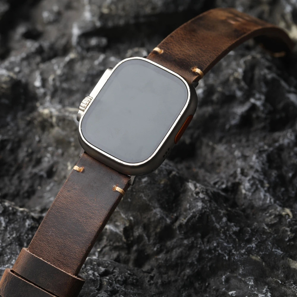 Handmade Top Layer Cowhide Strap Retro Style For iWatch Watch Ultra 2 49MM 45MM 44MM 42MM Men Thickened Watch Chain Brown 251016