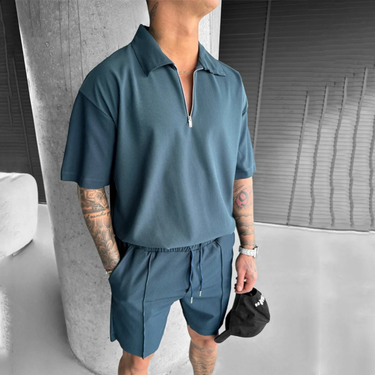 2025 summer mens zipper polo casual shortsleeved drawstring shorts mens suit mens solid color casual sports fashion suit 251021