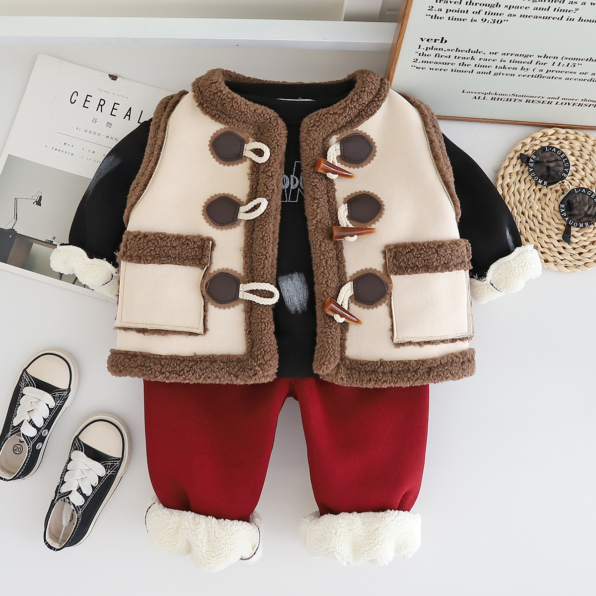luxury kids clothing Ultra-Warm Kids 3-Piece Set 2025, Fleece-Lined Hoodie Vest Combo, Coordinated Winter Outfit for Toddlers Boys Girls