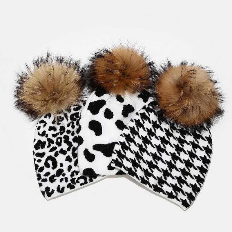 Cow Leopard Pattern Knitted Hat Womens Outdoor Warm Real Wool Ball Knitted Hat Autumn and Winter H251020