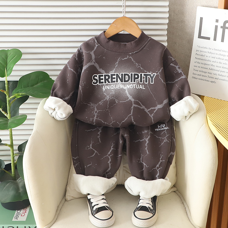 Free Shipping 2025 New Boys Fleece-Lined Sweatshirt Set, Letter Print Hoodie & Joggers 2-Piece, Warm Winter Outfit for Toddler Boys