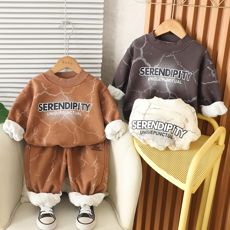 Free Shipping 2025 New Boys Fleece-Lined Sweatshirt Set, Letter Print Hoodie & Joggers 2-Piece, Warm Winter Outfit for Toddler Boys