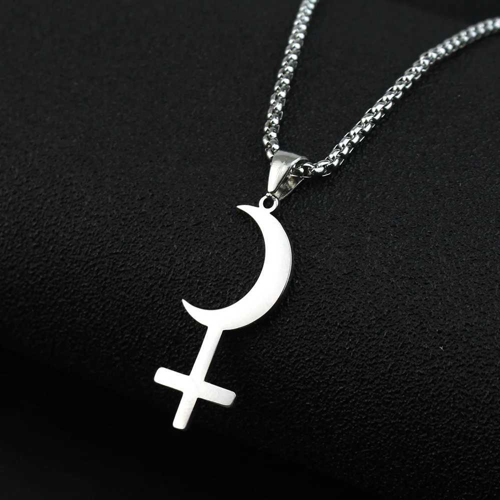 Silver Color Moon Cross Lilith Symbol Pendants Necklace For Women Stainless Steel Charms Astrological Symbol Sign Amulet JewelryXJ251018