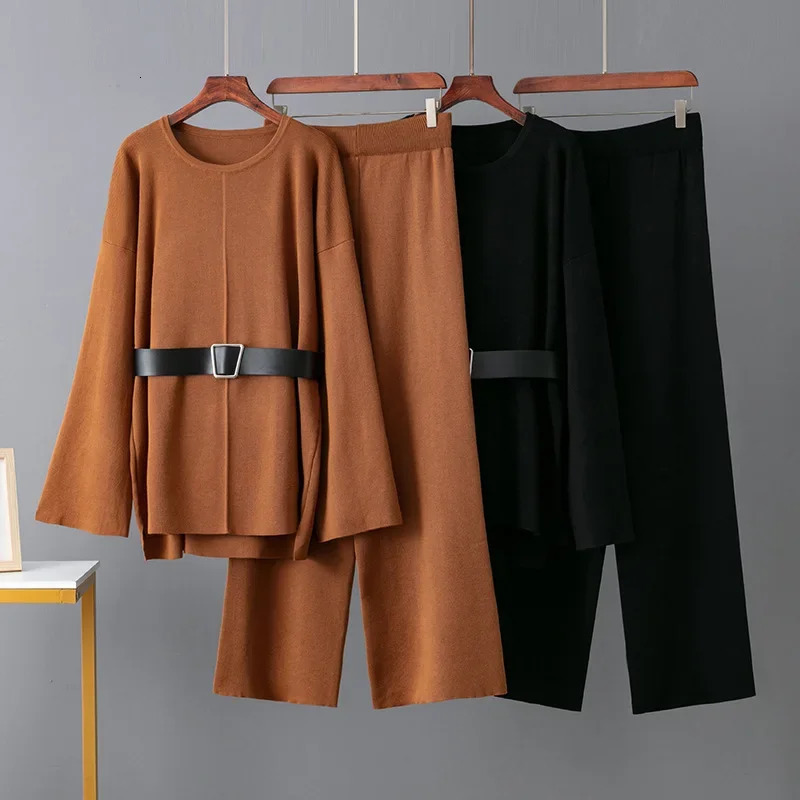 Russian Knitted Wide Leg Pants Belted Sweater Set Womens Spring Autumn Loose Fashionable Two Piece Elegant Quality 251021