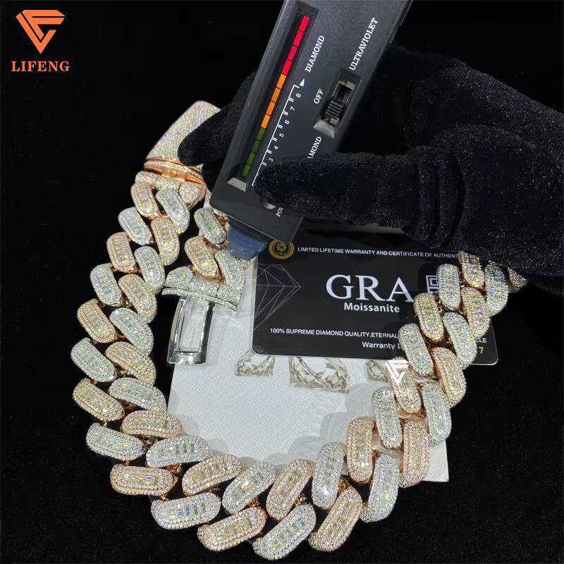 Baguette Cut Necklace Hip Hop Popular Special 26MM Big Size Two Tone Silver Mixed Rose Gold Men Moissanite Cuban Link Chain