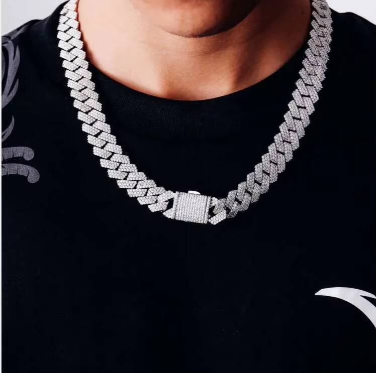 3row Moissanite Diamond Cuban Link Chain Fine Silver Iced Hip Hop Style Necklace High Quality Moissanite Cuban