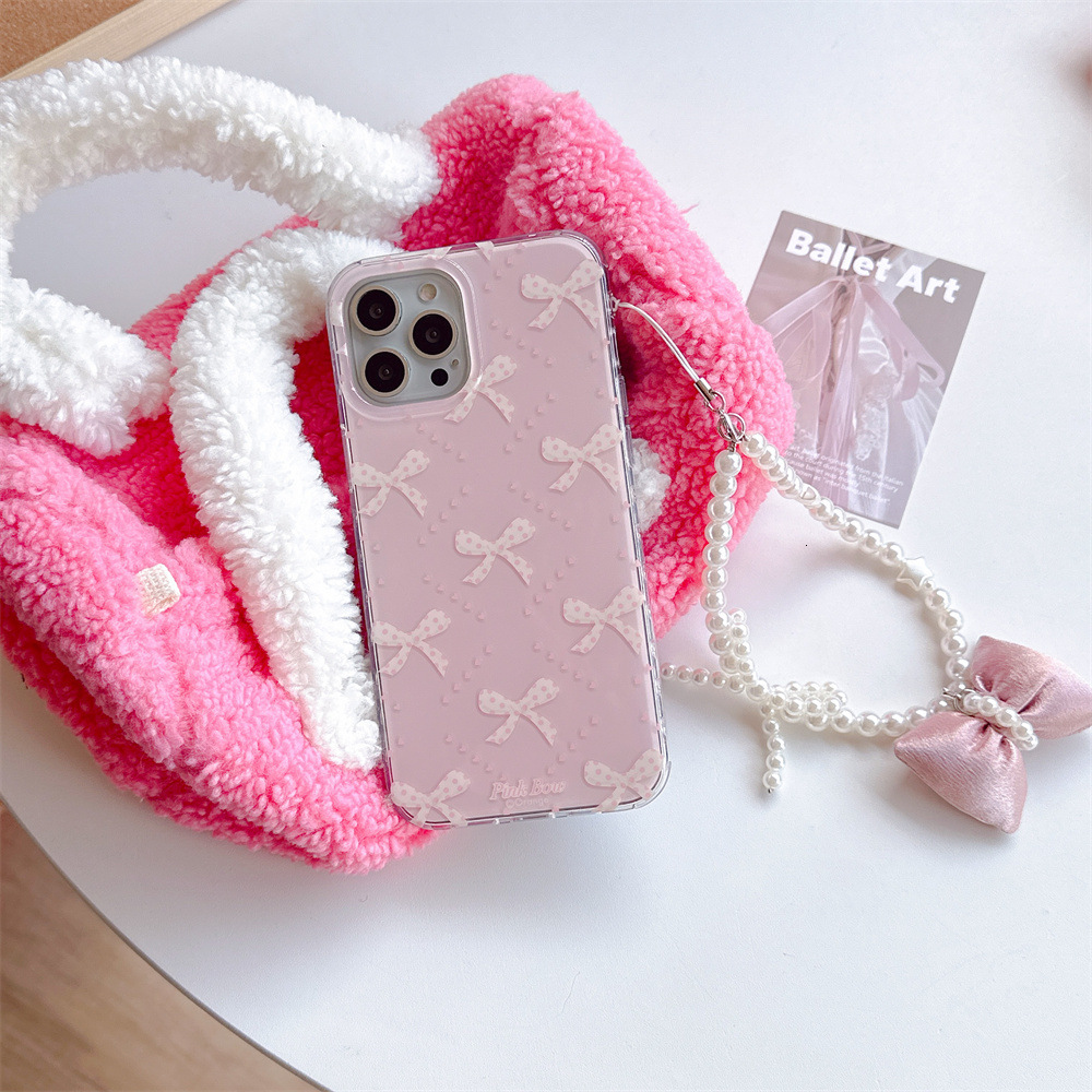 for iPhone 17/16 Case, with Hand Wrist Strap Lanyard, Bow Case , Wireless Slim Clear Ribbon Protective Phone Cover with Charm for Women Girl - Pink