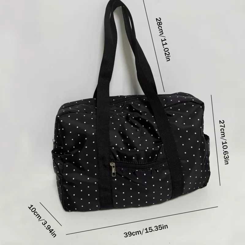 Large Capacity Casual Black Tote Bag Polka Dot Print Korean Luggage Bags Zipper Trendy Canvas Handbag Versatile Travel Bag WomenXJ251021