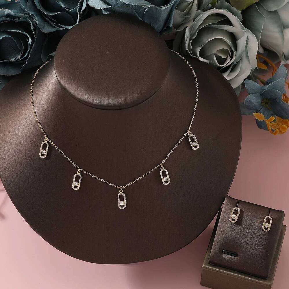 New Romatic Women Fashion Zircon Earring Set Geometic Design Wedding Party Jewelry Adjustable Necklace Accessory