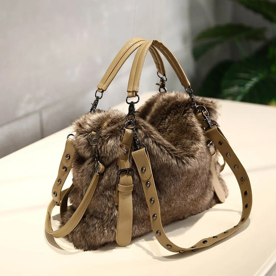 Women Soft Plush Hand Bag Winter Camel Rivets Large Capacity Tote Bags Female Underarm Bags Faux Fur Shoulder Crossbody Bag 251021