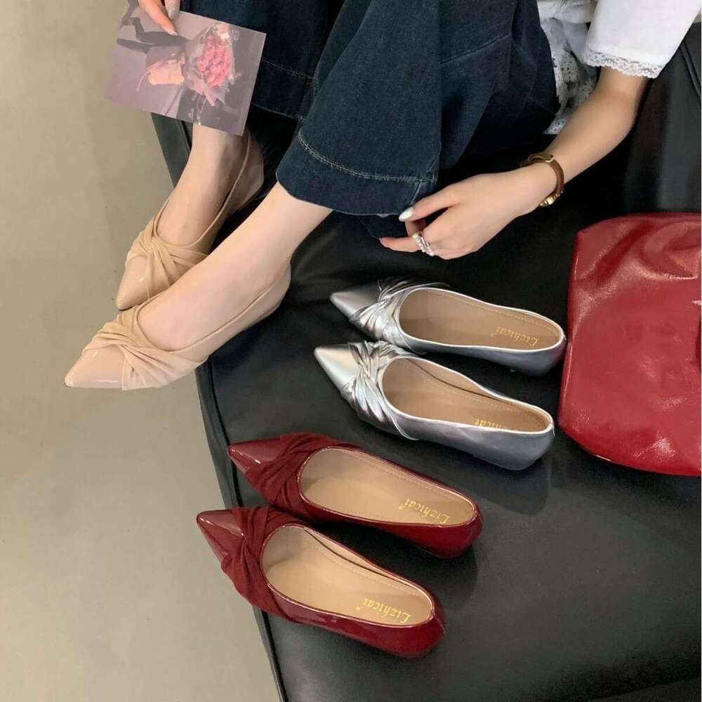 Gentle Color Block Single Shoes - 2025 New French Style Women's Pointed Toe Shallow Mouth Slip-On, Elegant Bowknot with Hidden Wedge