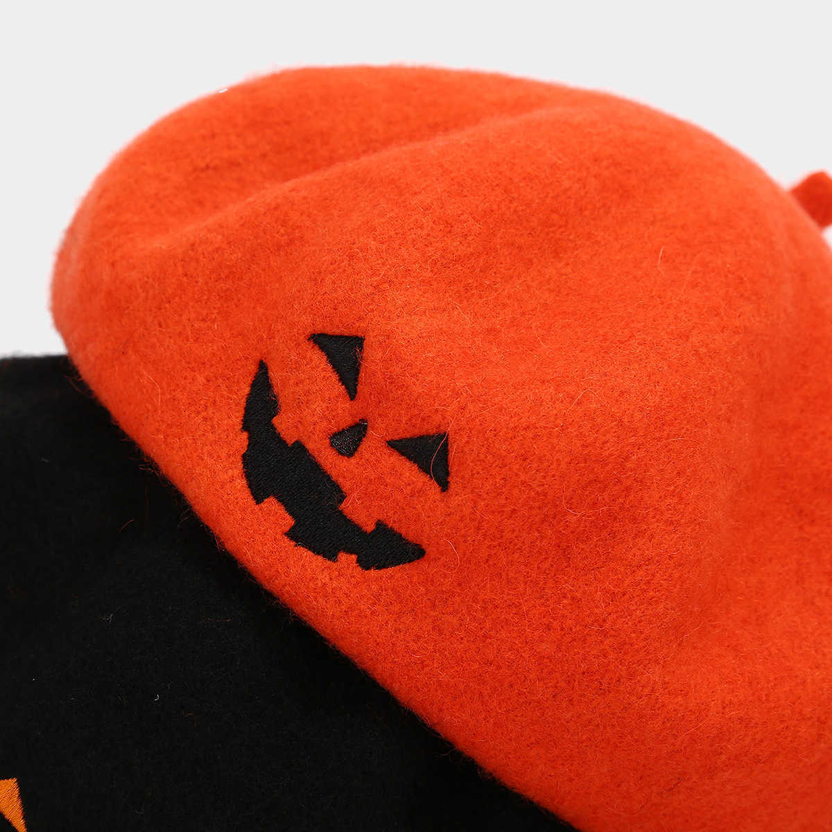Skull Embroidery Halloween Hat for Women Trendy Personality Wool Beret Orange Pumpkin Hat H251020