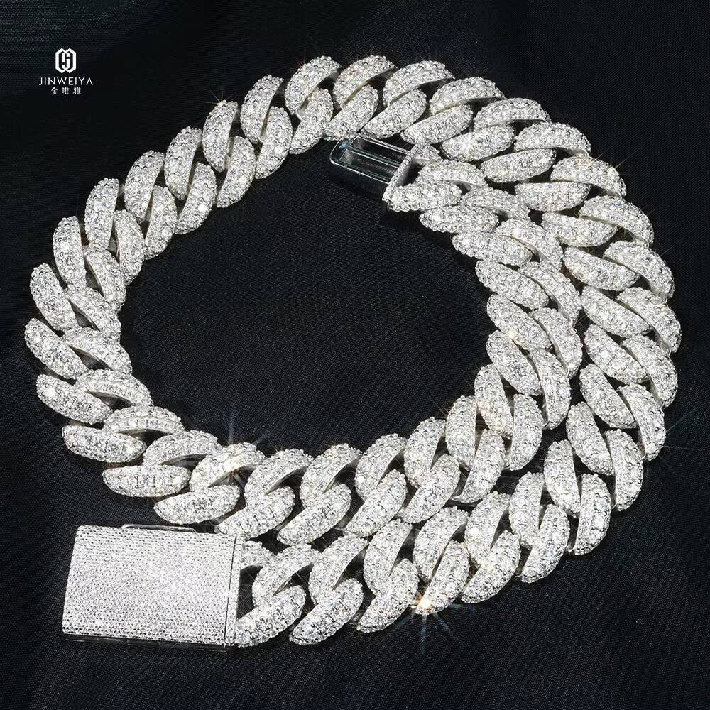 14mm 16mm 18mm 22mm Two Rows Moon Shape Ice Out Cuban Chain S925 Silver VVS Moissanite Raised Pointer Cuban Link Chain Men