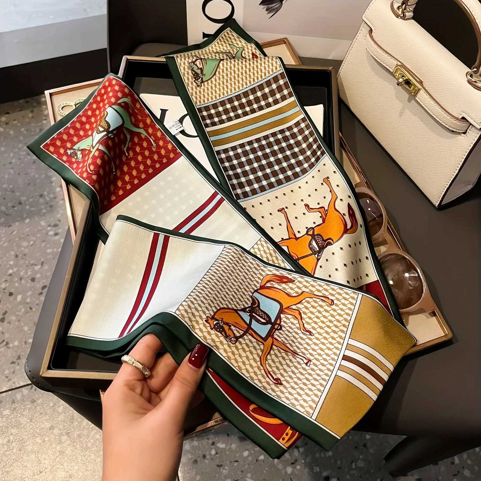 Luxury Horse Pattern Imitation Silk Scarf band Neckerchi Foard Fa Hair Scarfs Neck Tie Skinny Scarves Soft SatinW251021