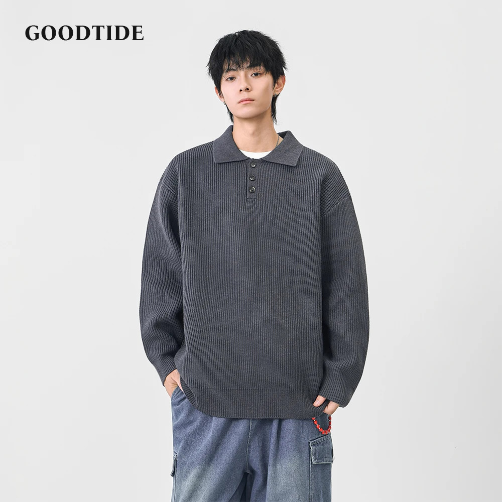 Fashion Mens Casual Polo Collar Sweater 2025 Winter Ribbed Knitted Pullover Button Placket Soft Long Sleeve Jumper Top 251020
