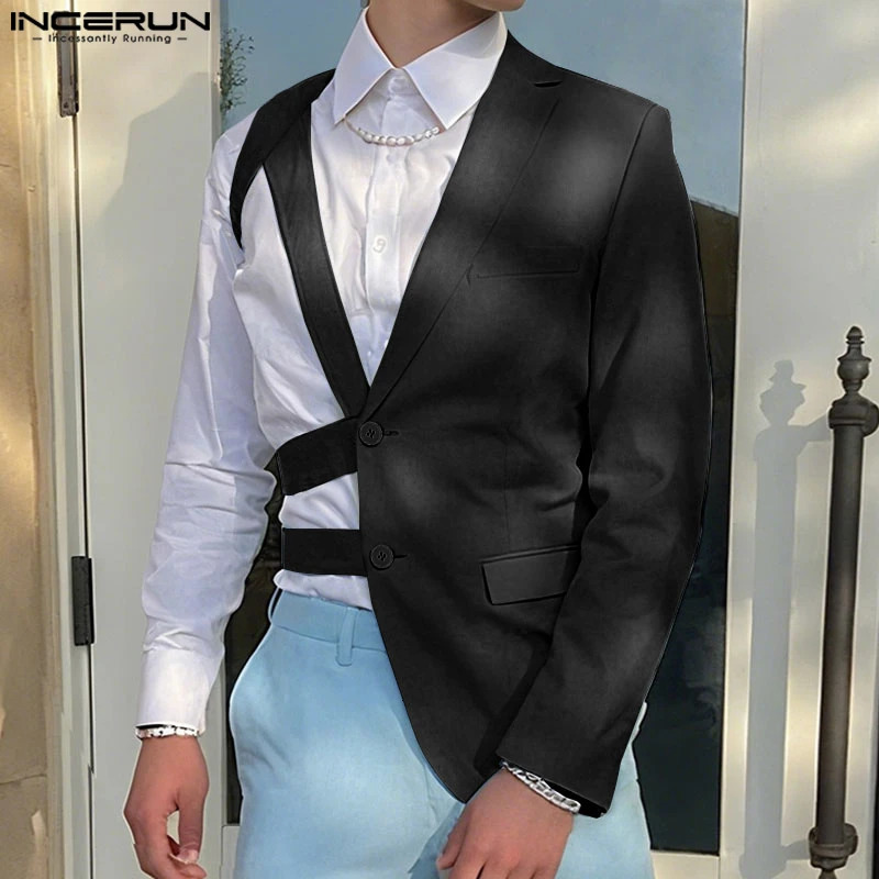 INCERUN Men Irregular Blazer Lapel Oneshoulder Long Sleeve Button Hollow Out Casual Suit Men Streetwear 2025 Fashion Thin Coats 251021
