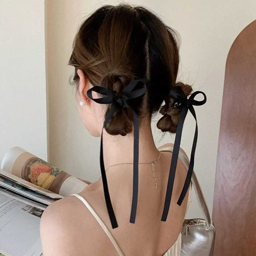 2Pcs Y2K Long Bow Hair Clip Women Girls Ribbon Bow Shark Clip Cute Korean Long Tassel Ribbon Hairpin Girls Hair AccessoriesW254021