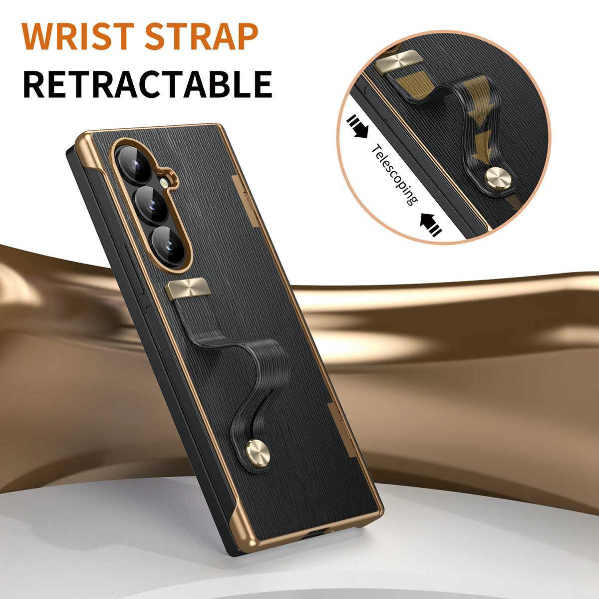 Luxury Electroplated Leather Wristband Holder Phone Case For Z Fold 3 4 5 6 7 Tempered Film Folding Protective CoverY251021