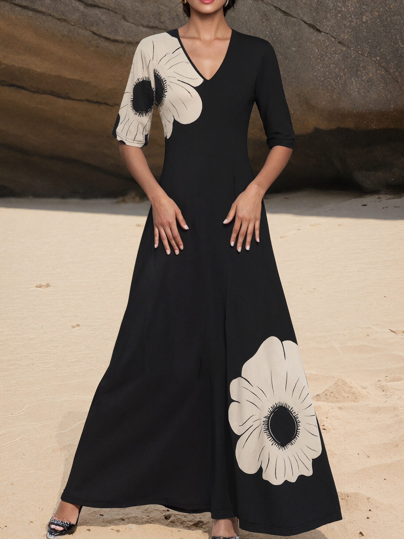 Women's Spring & Summer Elegant Floral Printed Versatile Dress with Pockets, Milk Silk Fashion Midi Dress-CF52596