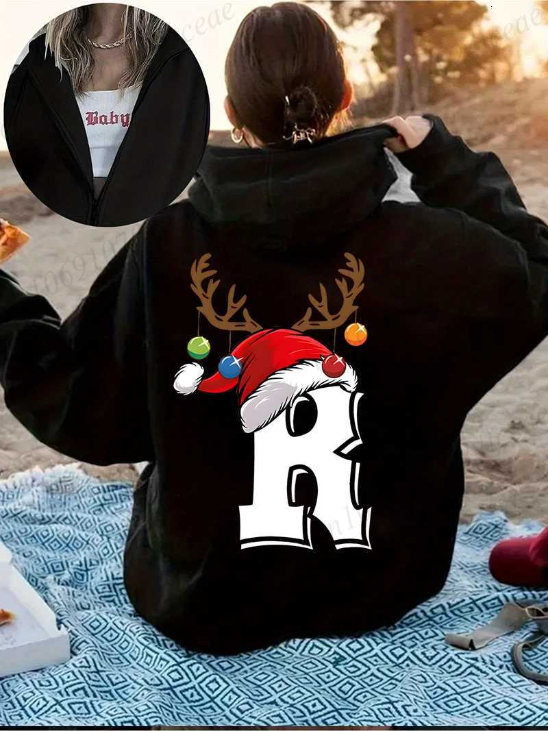 Retro Print Reindeer Hat Alphabet Style Hoodie Y2k Harajuku Casual Zipper Hoodies Sweatshirt Xmas Party Fashion Street Clothing W251021