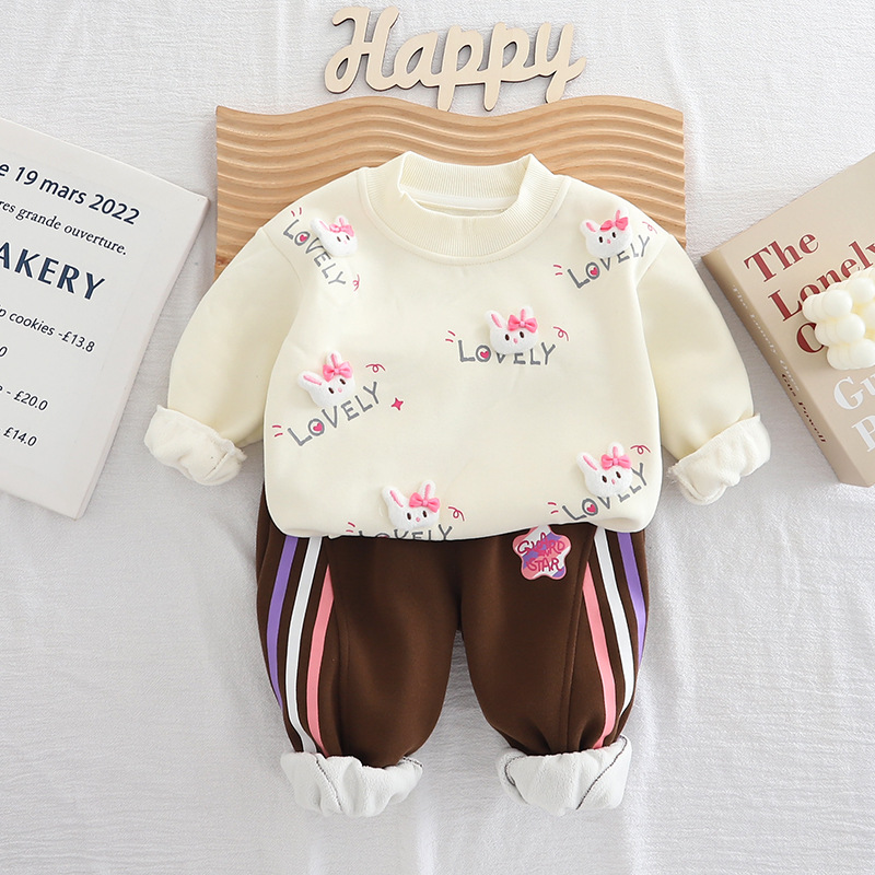 Free Shipping 2025 New Girls Fleece-Lined Sweatshirt Set 2-Piece, Korean Style Winter Outfit, Warm Hoodie & Joggers for Baby Girls