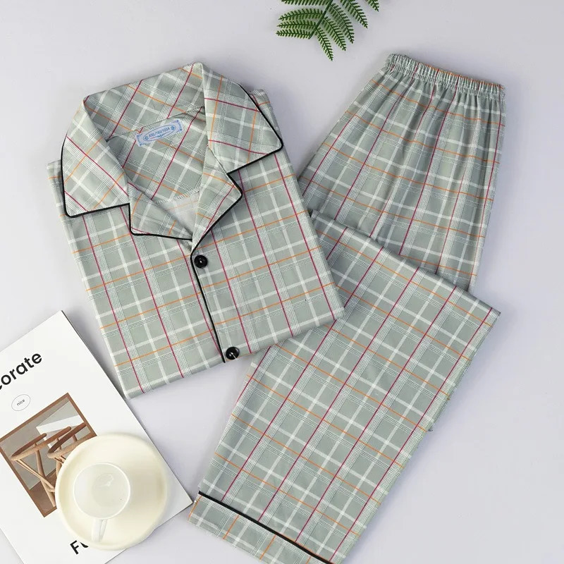 Plus Size Men Pyjamas Fall and Winter Plaid Simple Sleepwear Homewear Cardigan Button down Tops and Pants Nightwear Loungewear 251021