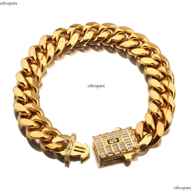 6mm-14mm Hip Hop Stainless Steel Miami Cuban Link Chain Real Gold Plated T Zircon Clasp Mens Necklace Jewelry