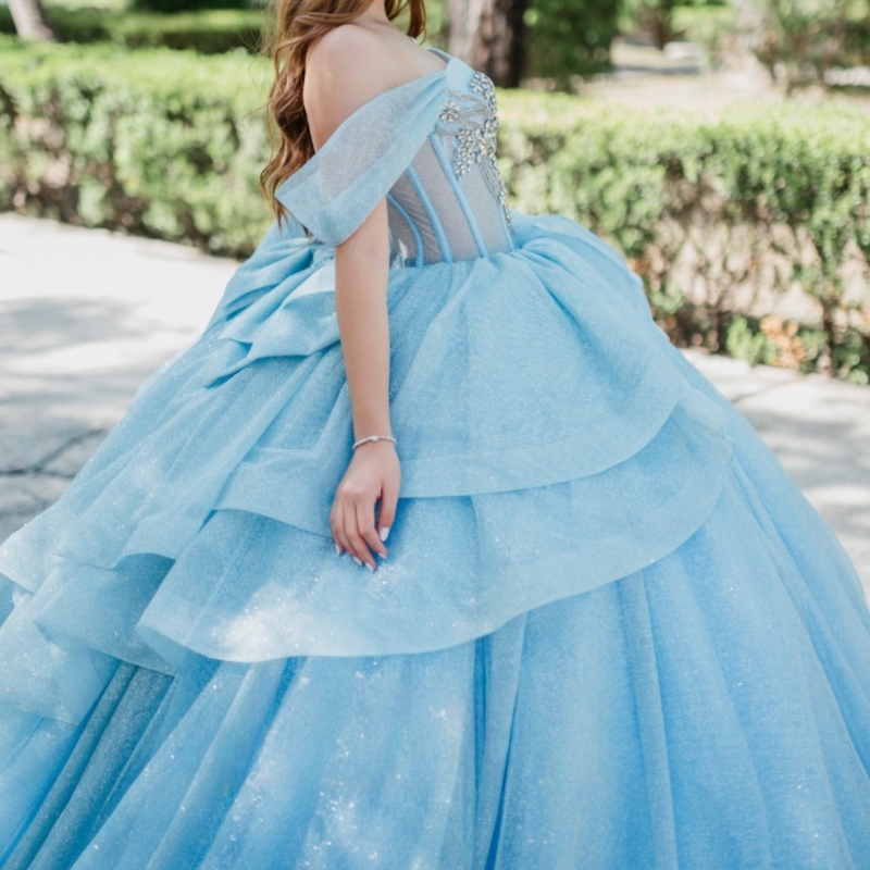 Sky Blue Shiny Quinceanera Dresses Ball Gown Off The Shoulder Beading Crystal Bow Tull Sweet 16 Dress Vestidos De 15 Anos