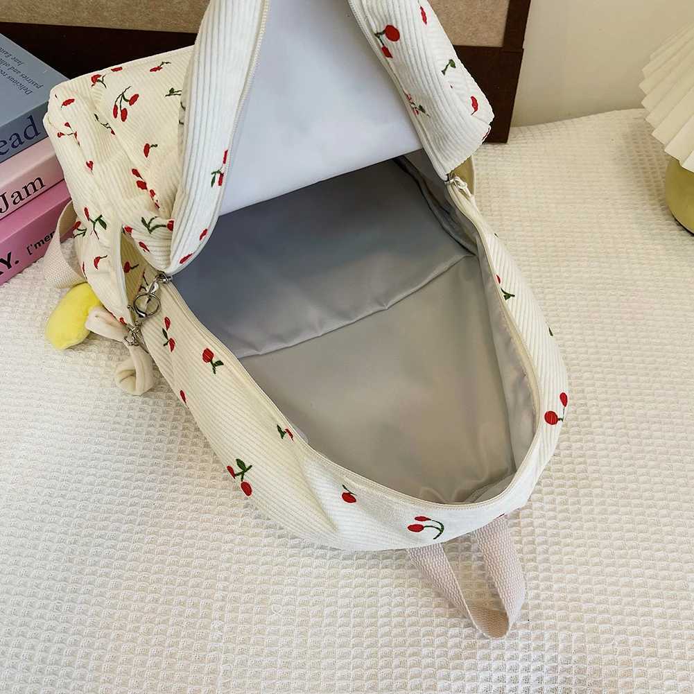 Corduroy Backpack Cherry Pattern Women Travel Daypack Adjustable Strap Laptop Backpack Rucksack for Work Shopping SchoolW251020
