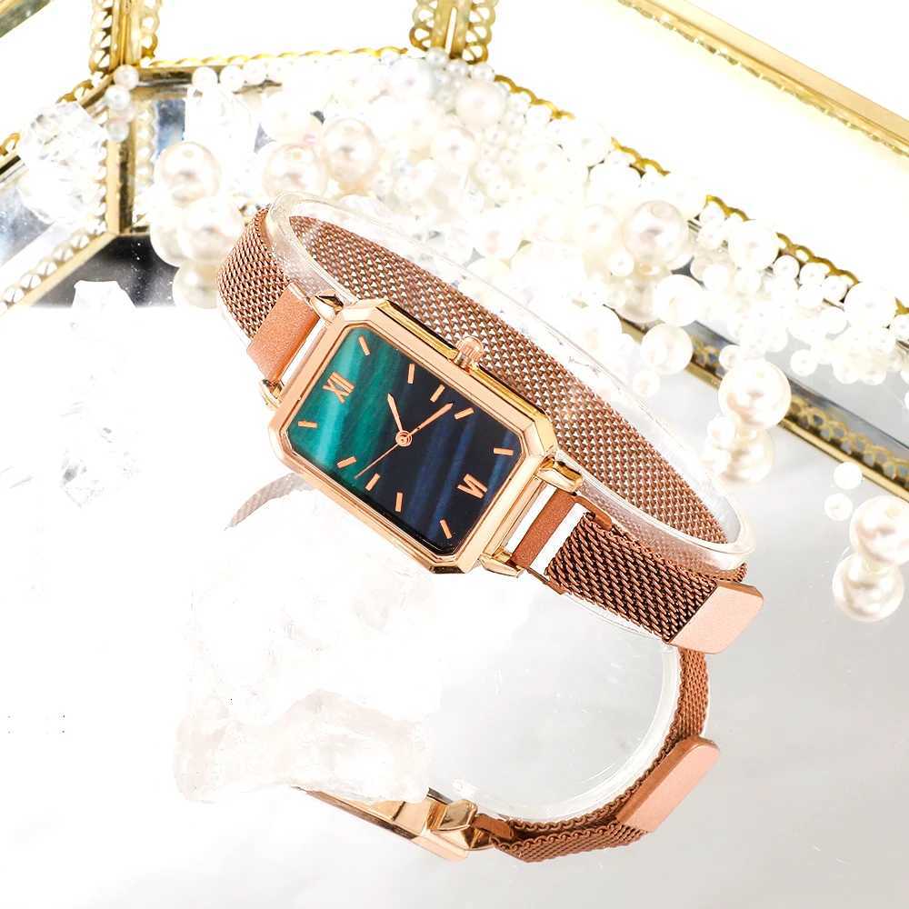 Women es Fashion Square Ladies Quartz Bracelet Set Green Dial Simple Rose Gold Mesh Luxury Women esXJ251021