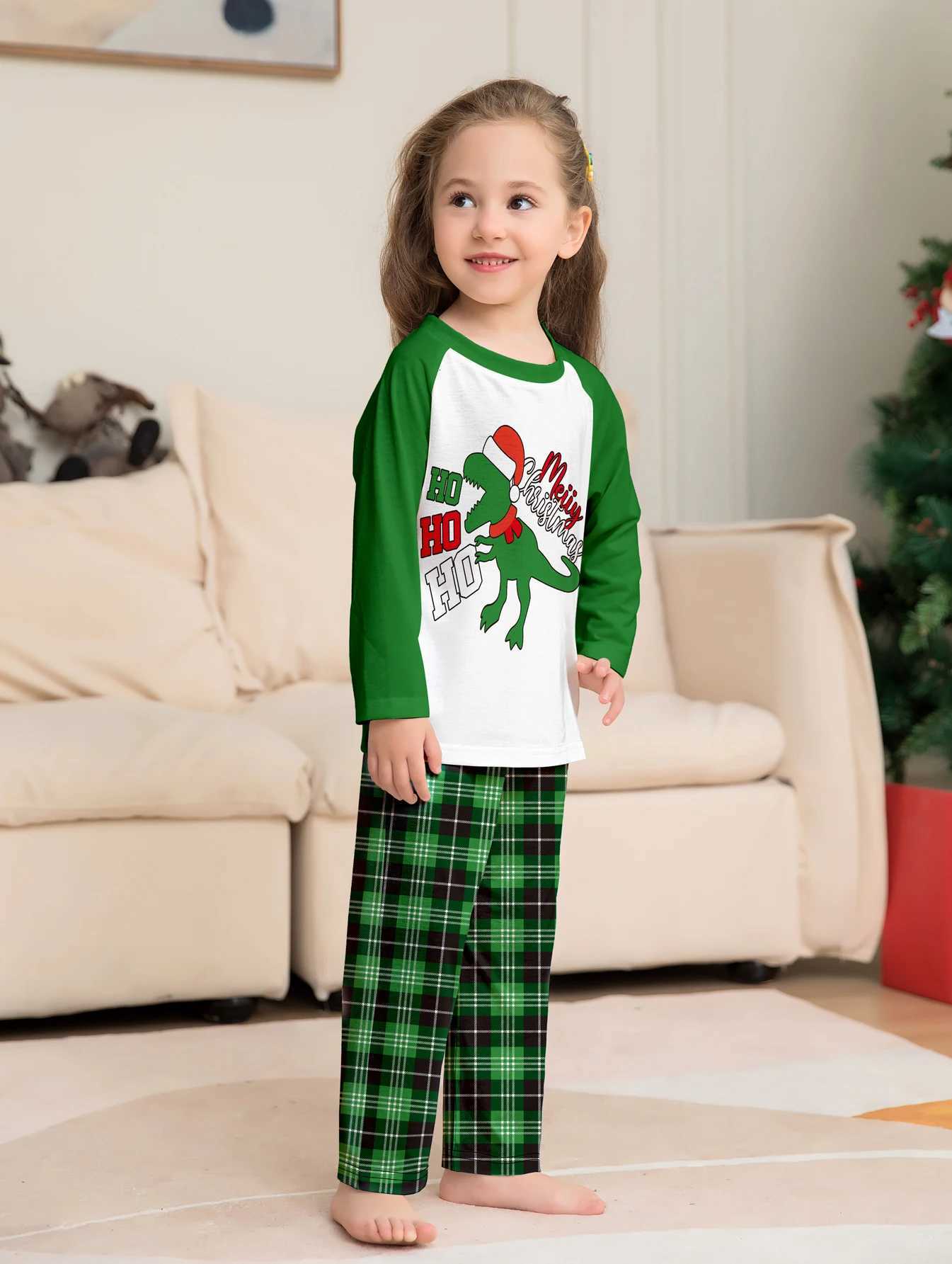 Parent Child Christmas Pajamas Set White Green Plaid Dinosaur Merry Christmas Prints L251021LW8B