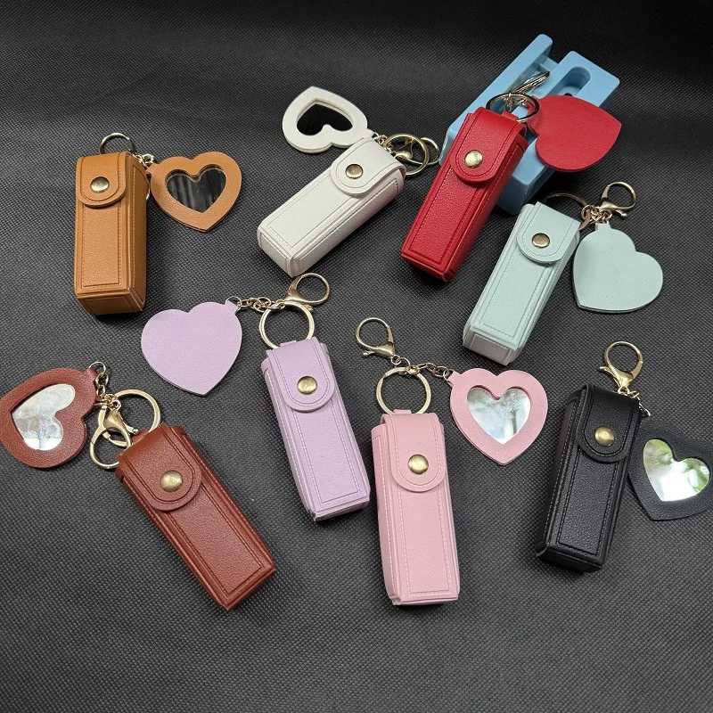 Portable leather lipstick wrap makeup bag lip balm pack key chain holder lipstick protective cover with mirror W251021