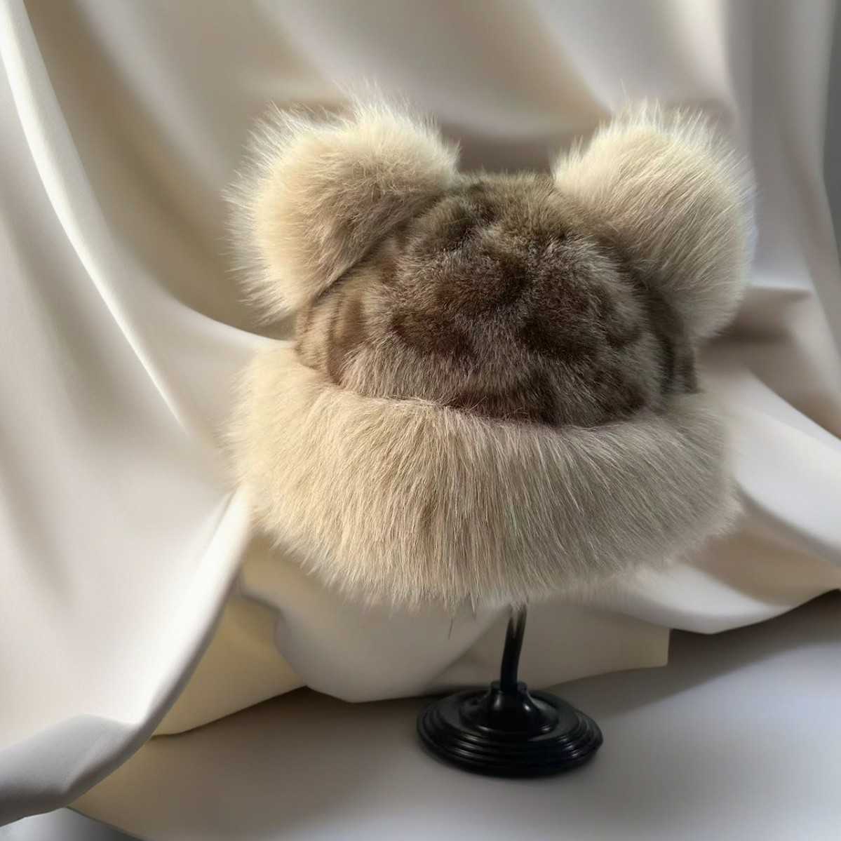 New Leopard Print Bear Hat for Women Cute and Versatile Coldproof Ear Protection Hat Fashionable and Warm Faux Fur Hat for Autumn and Winter H251020