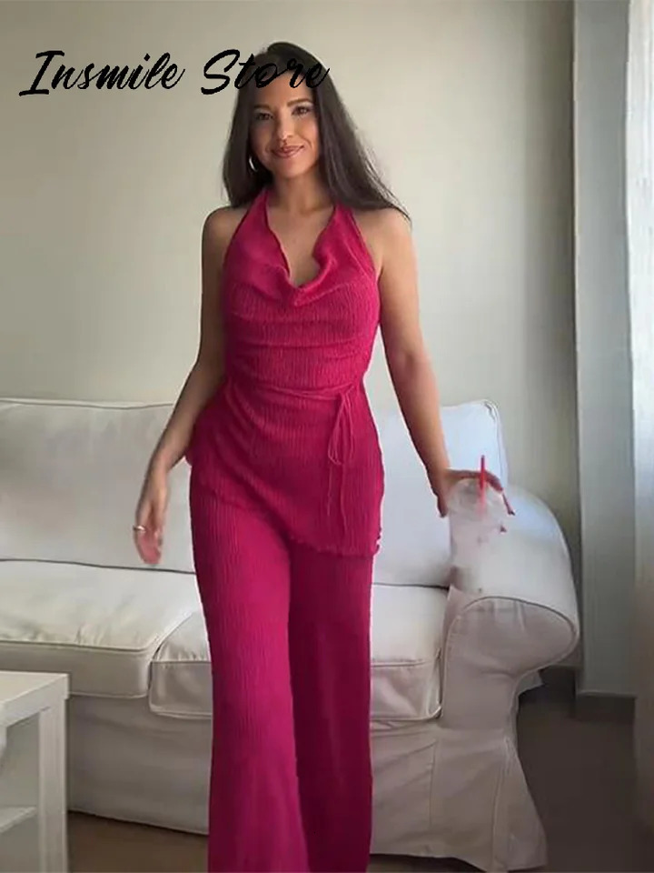 Casual Solid Women Pants Suits Lace Up Sleeveless Backless Halter Top Wide Leg Pants 2025 Spring Fashion Lady 2 Pieces Sets 251013