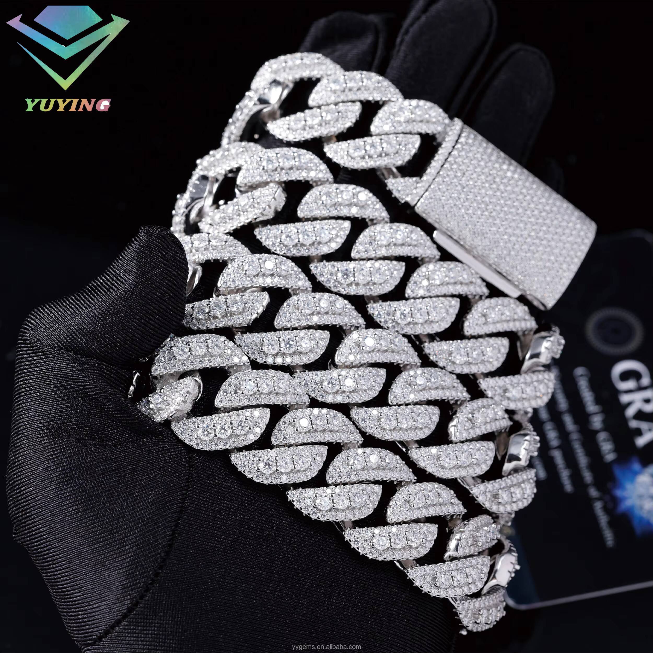 Customized 15mm 18mm 20mm Cuban Chain S925 Sliver GRA Vvs Moissanite 3rows Mens Jewelry Rapper Necklace Cuban Link Chain