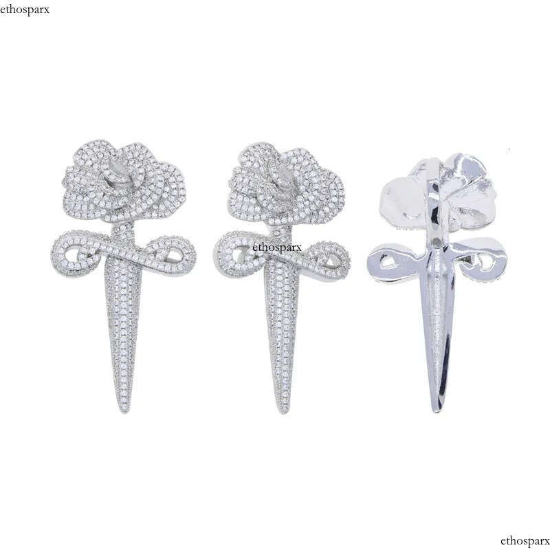 Hip Hop Rose Flower Cross Pendant Necklace 5A Zircon White Gold Plated Religious Jewelry