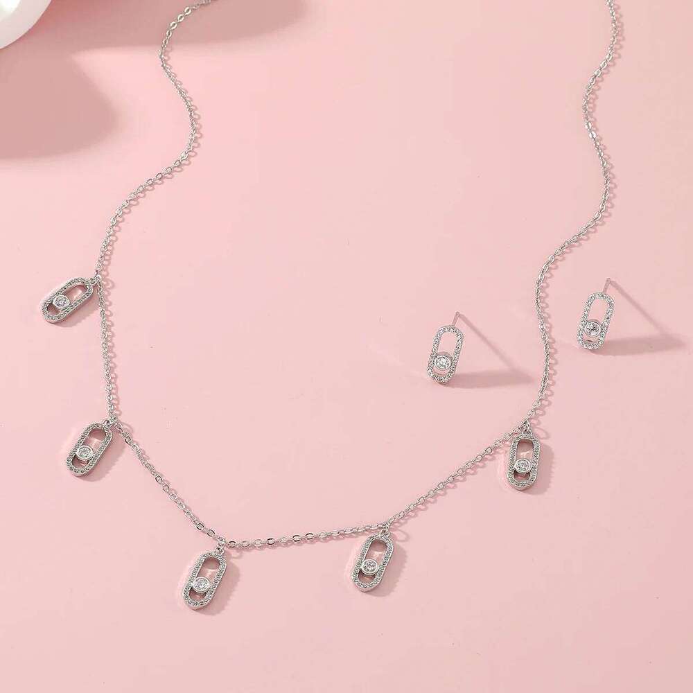 New Romatic Women Fashion Zircon Earring Set Geometic Design Wedding Party Jewelry Adjustable Necklace Accessory