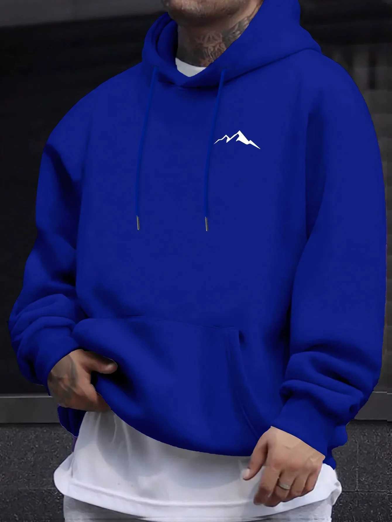 Simple Mountain Print Mens Longsleeved Pullover Hoodie Drawstring Hooded Sweatshirt Casual Versatile Top Suitable for Autumn W251021