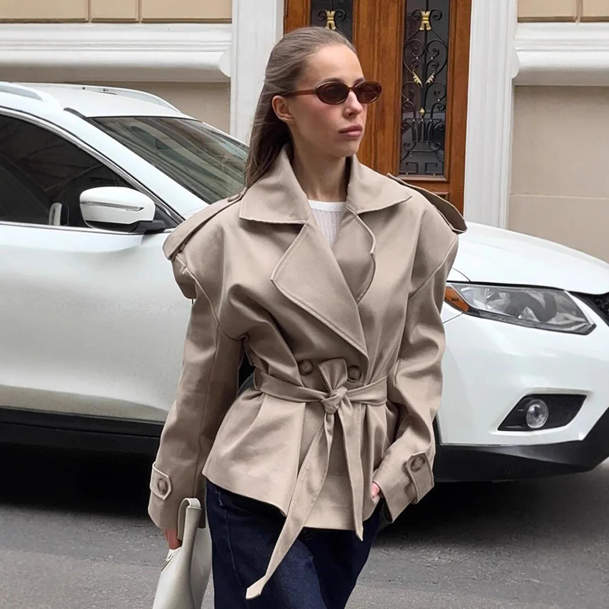 Zekye Womens Oversized DoubleBreasted Trench Coat Belted Short Length Outerwear with Wide Lapel Shoulder Details Traf 251021