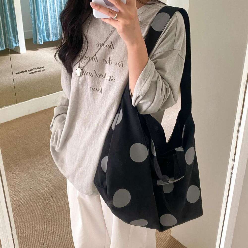 Summer Women's Polka Dot Design Canvas Korean Style Lazy Trend Large Capacity Tote Bag For Women B5