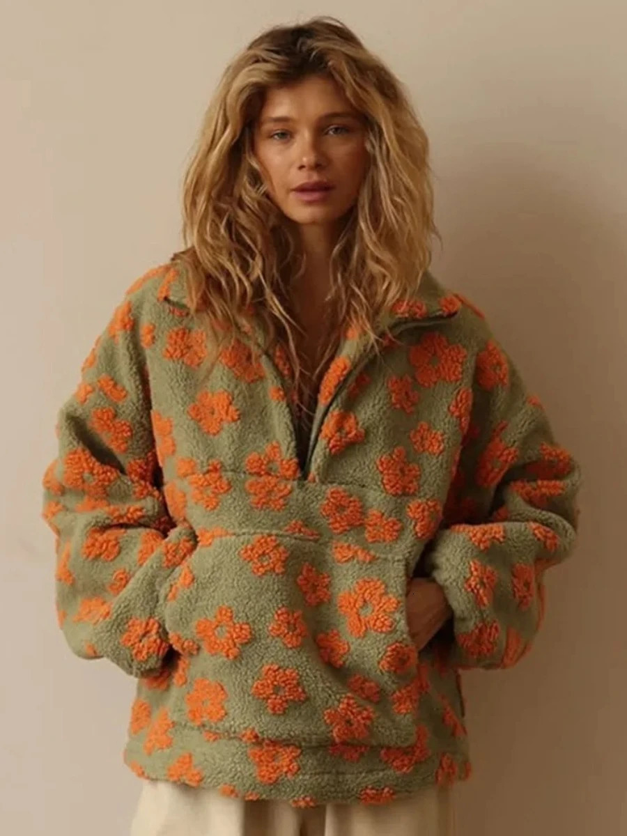 Wolfeel Autumn Winter Womens Sherpa Floral Pullover Hoodies Half Zip Style Loose Fit Warm Stylish Sweatshirt 251017